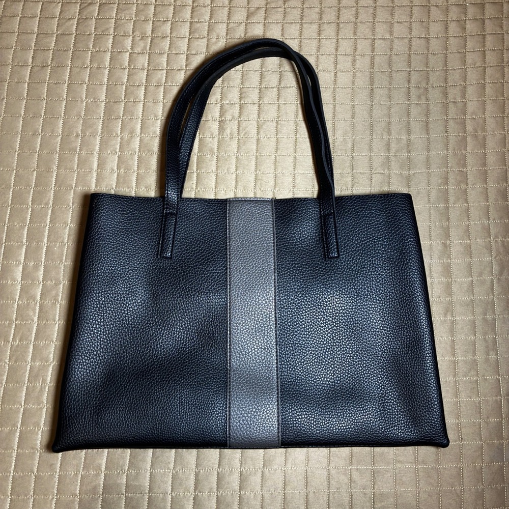 Vince Camuto Black Pebbled Leather Tote Bag Grey Stripe Large Shopper Handbag
